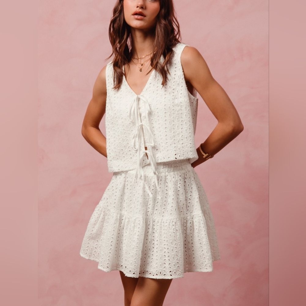 ***SO ME Floral Eyelet Lace Tie Front Vest Top & Two-Piece Dress Set White sz M - Picture 5 of 15